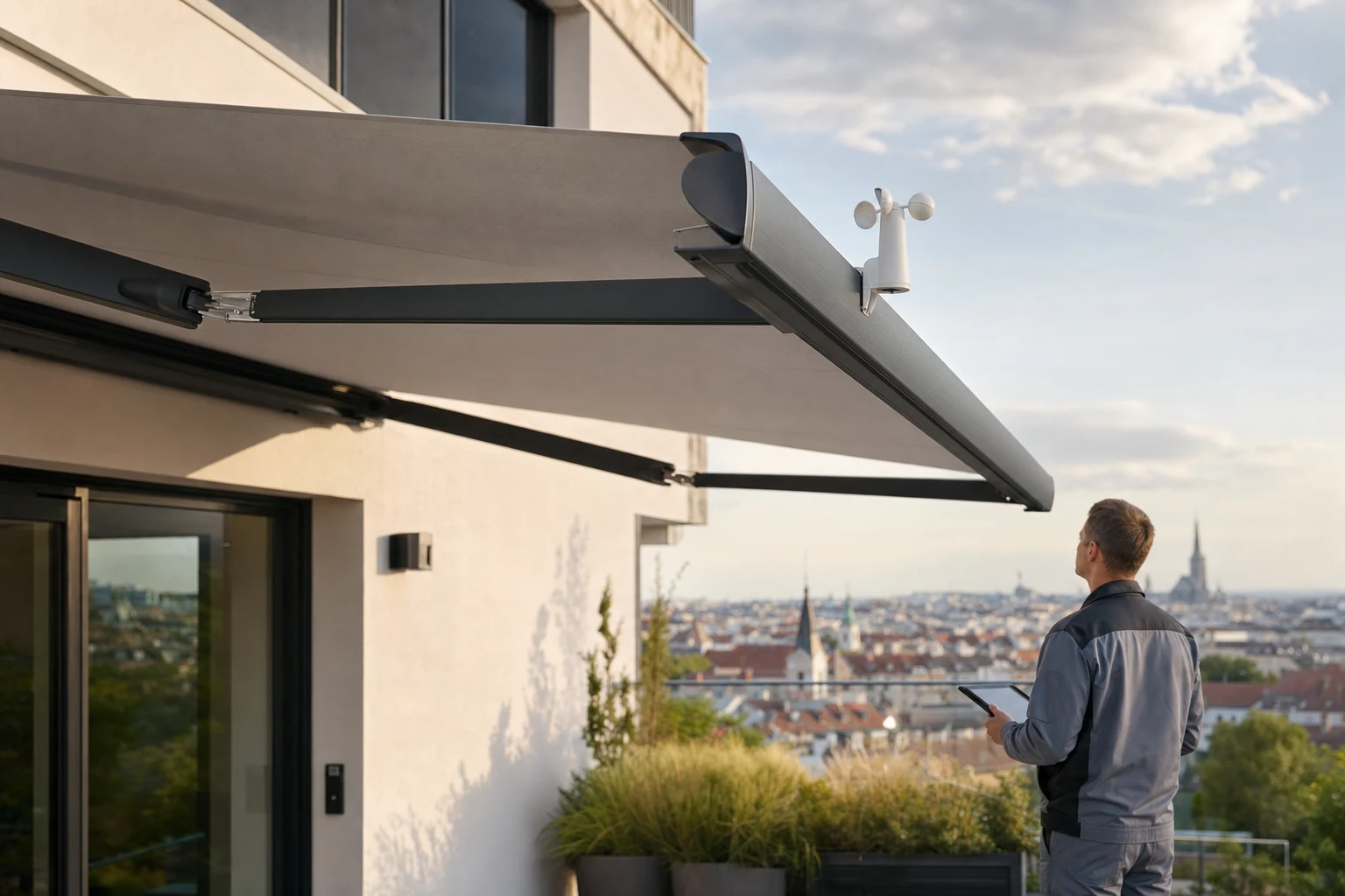 Terrassenmarkise an einem Wohnhaus mit montiertem Windsensor am Ausfallprofil; ein Servicetechniker beobachtet die Anlage bei leicht bewölktem Himmel aus sicherem Abstand