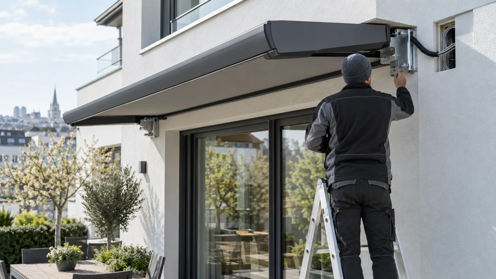 Techniker prüft die Konsolen einer Markise an einer gedämmten Wohnhausfassade, realistische Servicefotografie ohne Logos