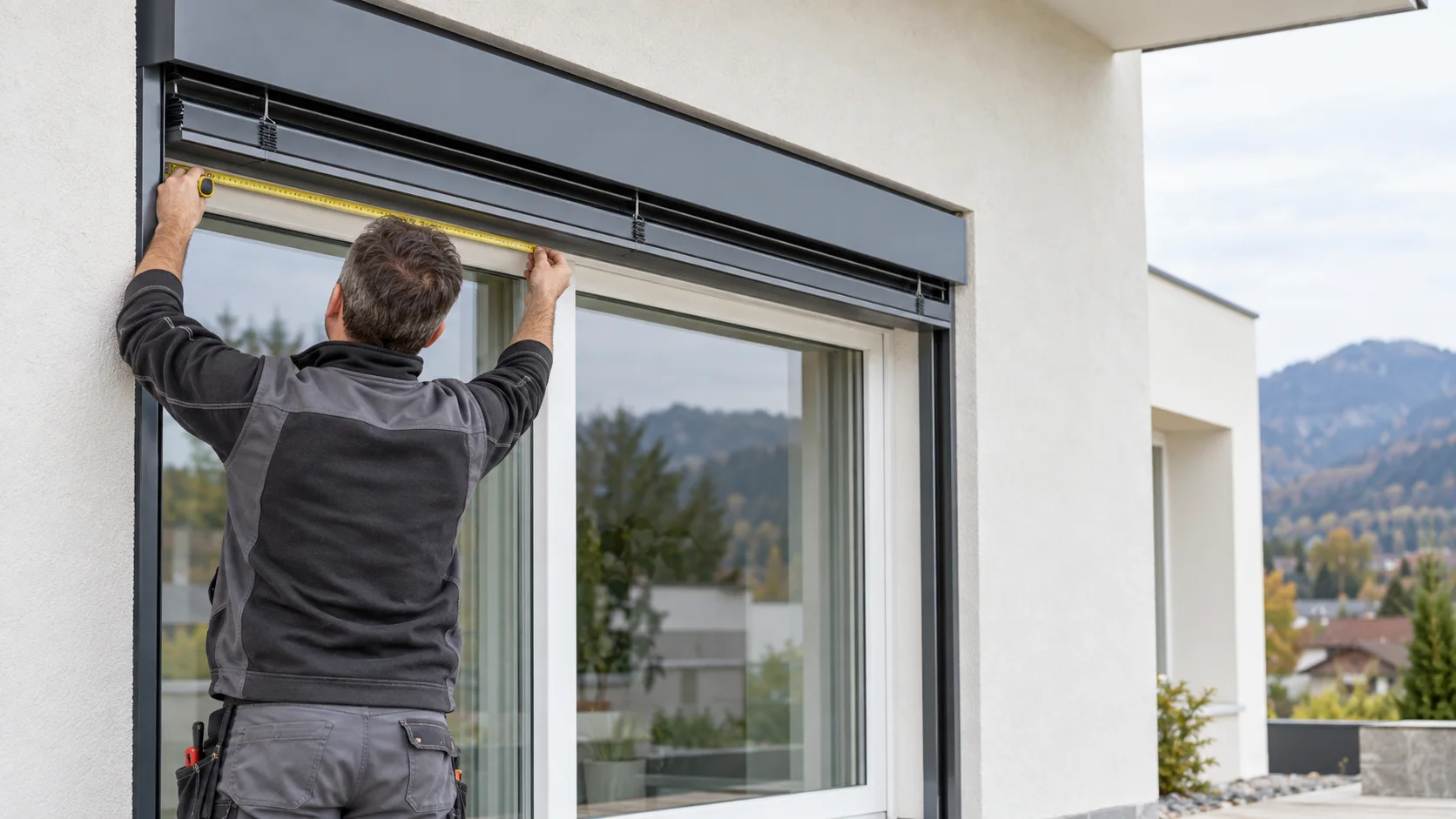 Monteur misst den Anschluss eines Raffstorekastens über einem neu eingebauten weißen Fensterrahmen
