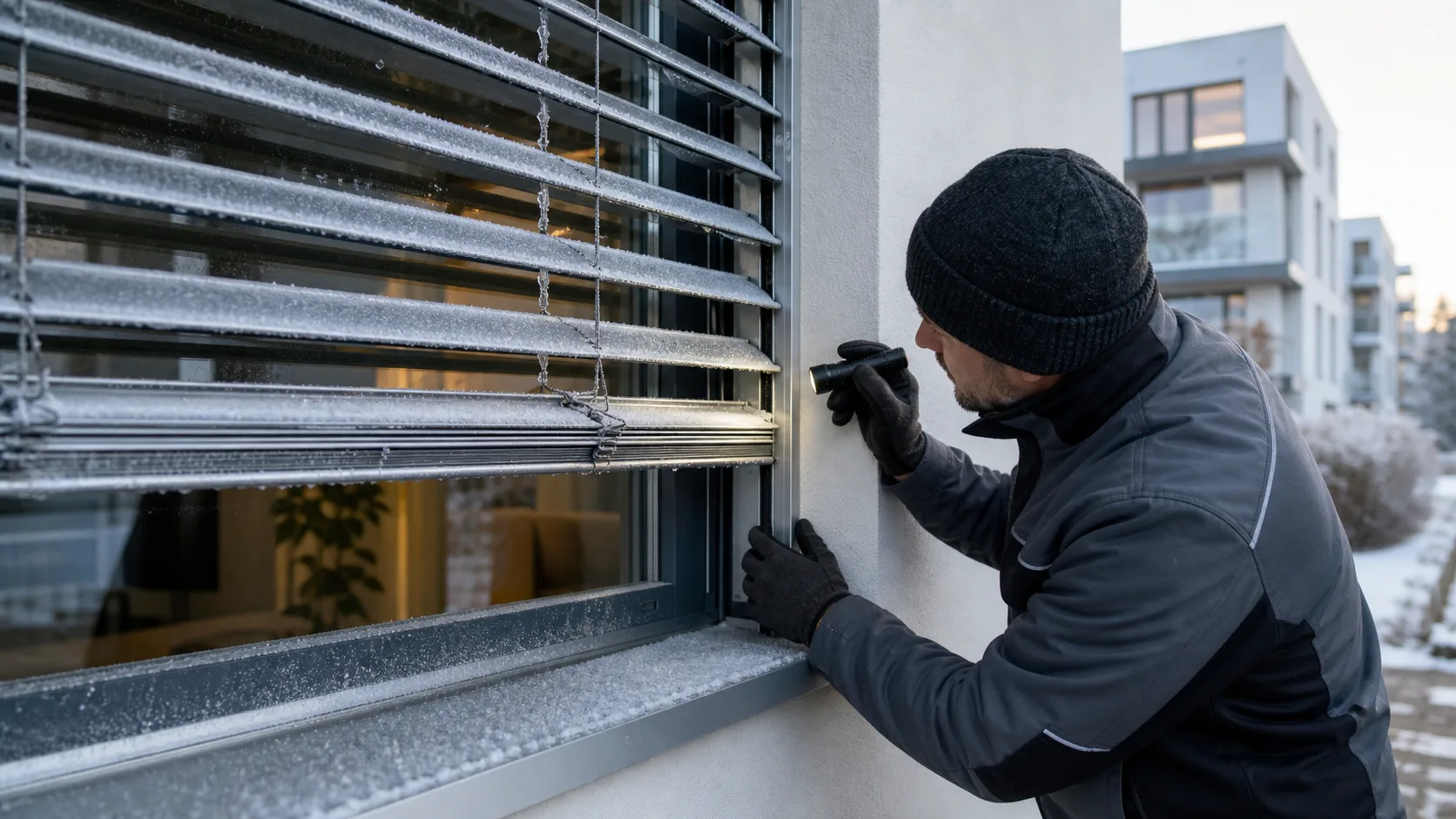Techniker prüft vereiste Raffstore-Lamellen und die seitliche Führung eines Sonnenschutzes im Winter mit Taschenlampe