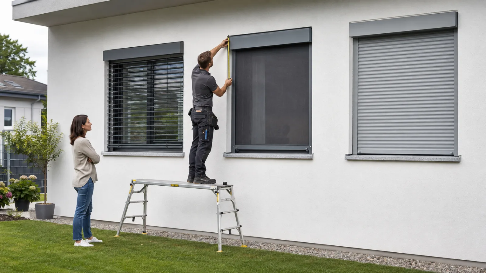 Sonnenschutztechniker misst an einer Wohnfassade neben Raffstore, ZIP-Screen und Rollladen den verfügbaren Einbauraum