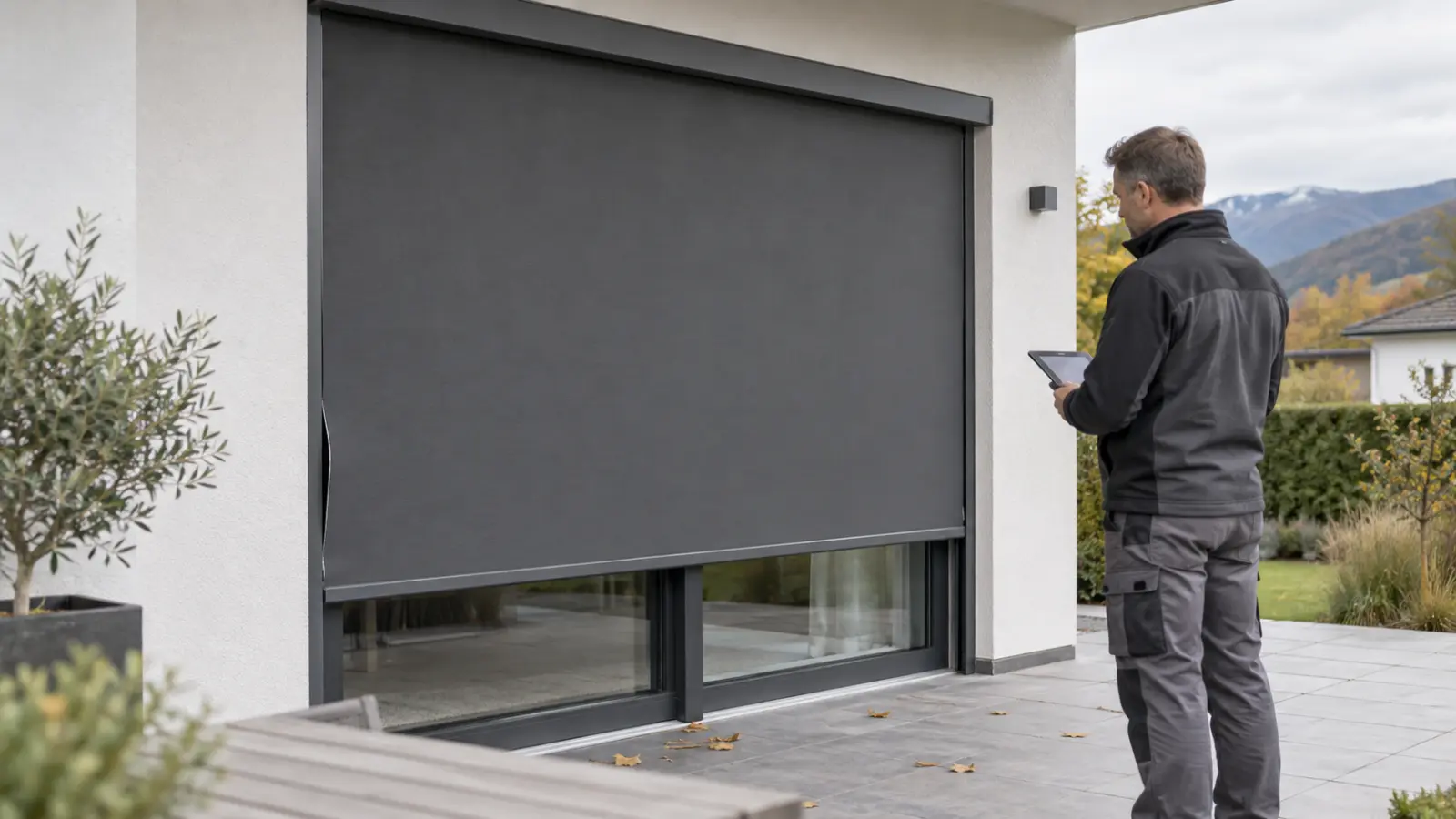 Techniker dokumentiert einen teilweise aus der linken Führung geratenen dunklen ZIP-Screen an einer Terrassentür
